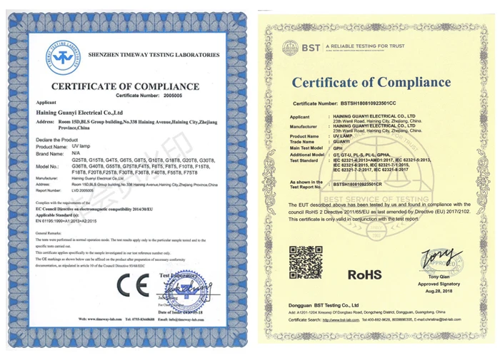 certification of GPH241T5L UVC lamp for surface disinfection